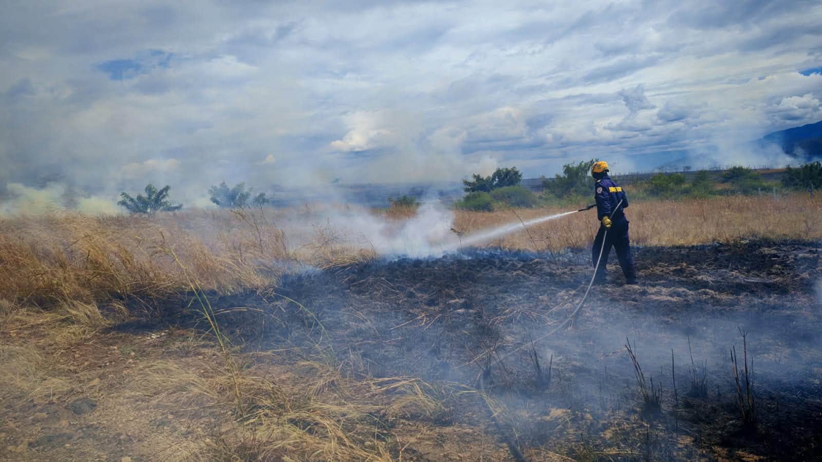 Bombero Voluntario de Gigante controlando un incendio forestal en el sector de Mazatlán