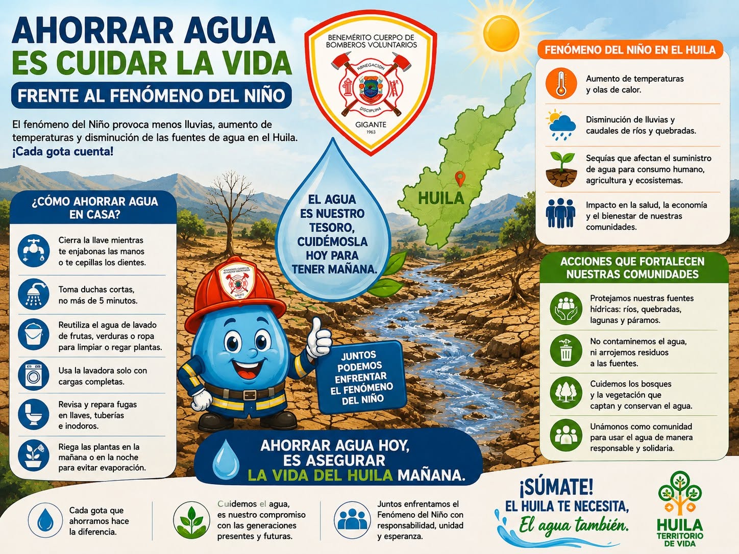 Campaña del Cuerpo de Bomberos Voluntarios de Gigante para ahorrar agua frente al fenómeno de El Niño en el Huila
