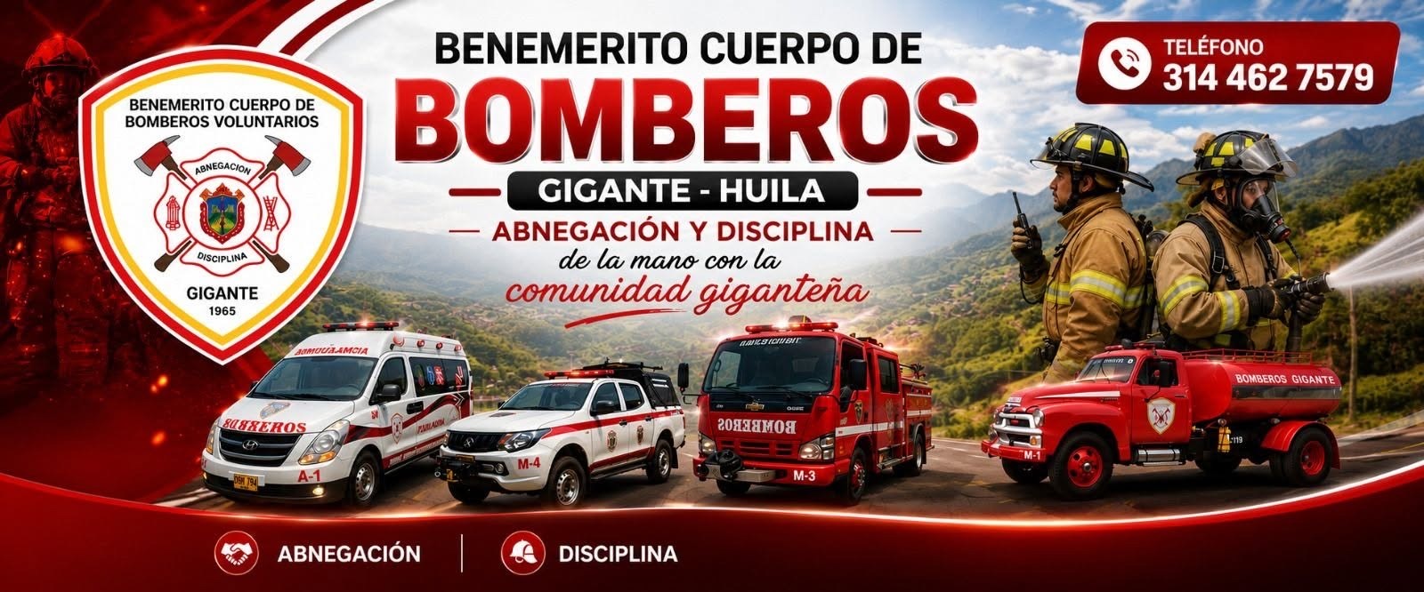 Benemérito Cuerpo de Bomberos Voluntarios de Gigante - Huila. Abnegación y disciplina de la mano con la comunidad gigante. Teléfono 314 462 7579